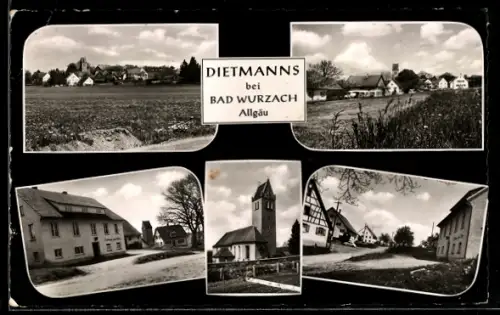 AK Dietmanns bei Bad Wurzach, Gasthaus zum Adler, Kirche, Strassenpartie
