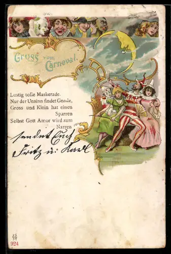 Lithographie Gruss vom Carneval, Menschen feiern ausgelassen den Karneval
