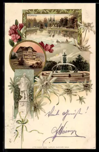 Lithographie Graz, Hilmteich, Stubenberghaus, Stadtpark-Brunnen