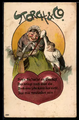 AK Fröhliche Hebamme umarmt einen Storch