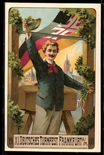 AK Frankfurt a. M., XI. Deutsches Turnfest 1908, Teilnehmer schwenkt seinen Hut, Fahne und Eichenlaub