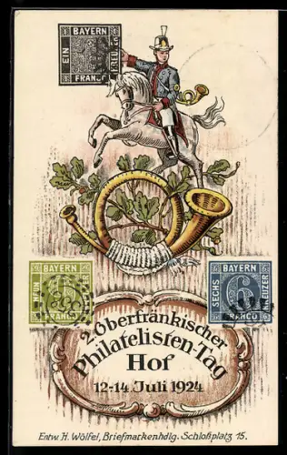AK Hof / Saale, 2. Oberfränkischer Philatelisten-Tag 1924, Ausstellung, Reiter mit Posthorn, Briefmarken