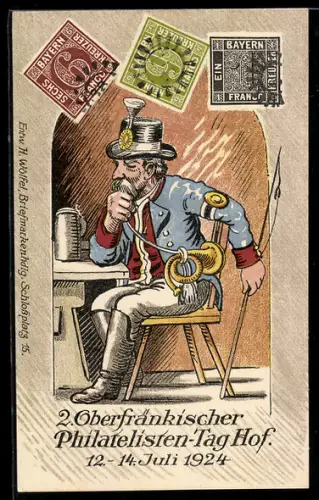 AK Hof, 2. Oberfränk. Philatelisten-Tag 1924, Postbote mit Horn zu Tisch, Briefmarken