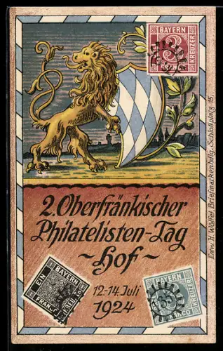Künstler-AK Hof / Saale, 2. Oberfränkischer Philatelisten-Tag 12.-14. Juli 1924, Bayerischer Löwe