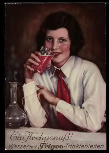 AK Junge Frau geniesst eine erfrischende Limonade mit Frigeo-Trinktabletten, Reklame