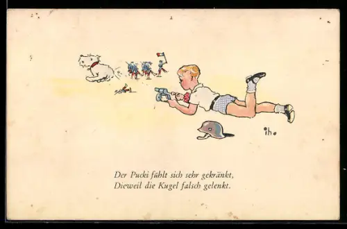 AK Junge schiesst mit einer Spielzeugkanone auf einen Hund