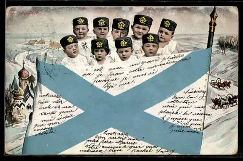 AK Kinder mit Fellmützen hinter russischer Marineflagge, Kinder Kriegspropaganda