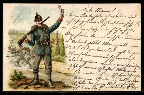 Lithographie Soldat der Infanterie mit Gewehr und Pfeife
