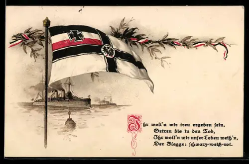 AK Ihr woll`n wir treu ergeben sein..., deutsche Kriegsfahne