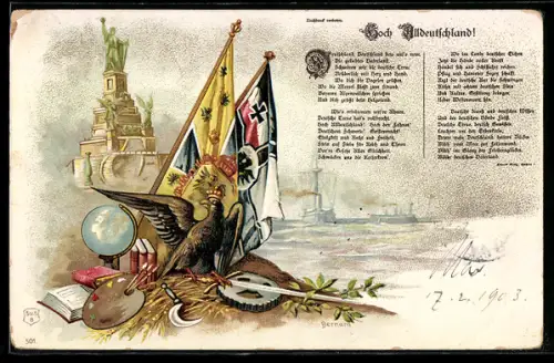 Lithographie Reichsadler mit Denkmal, Reichsfahne und Wappen, Gedicht: Hoch Deutschland