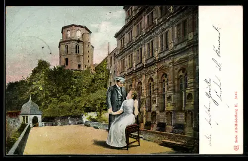 AK Alt-Heidelberg / Neckar, Ortspartie und Student mit Frau