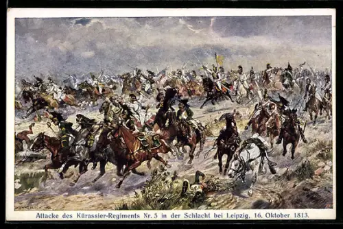 Künstler-AK Ludwig Koch: Leipzig, Attacke des Kürasser-Regiments Nr. 5 in der Schlacht bei Leipzig 1813