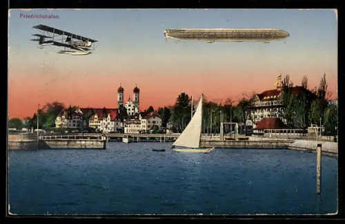 AK Friedrichshafen a. B., Hafenpartie mit Wasserflugzeug und Zeppelin