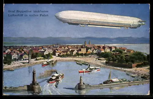 AK Lindau, Graf Zeppelin in voller Fahrt über der Stadt