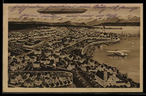 AK Zeppelin im Flug über dem Bodensee