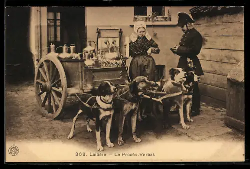 AK Hundegespann mit Milchkannen im Hof