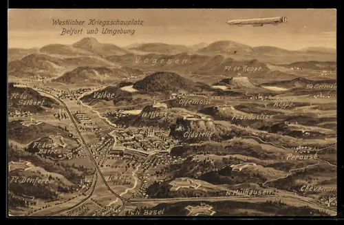 AK Belfort, Panorama vom westlichen Kriegsschauplatz mit Luftschiff, Zeppelin