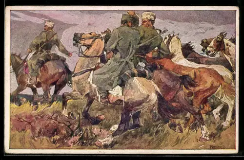 Künstler-AK Rotes Kreuz Nr. 354: Infanterist F. Weber des 58. Inf.-Regt. verfolgt Tscherkessen