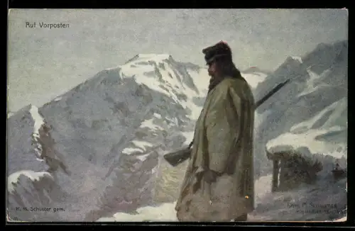 Künstler-AK K. M. Schuster: Rotes Kreuz Nr. 563, Soldat auf Vorposten