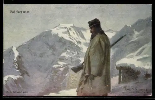 Künstler-AK K. M. Schuster: Rotes Kreuz Nr. 563, Soldat auf Vorposten