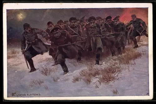 AK Rotes Kreuz Nr. 551, Infanteristen treiben gefangene russische Soldaten samt Maschinengewehr vor sich her - Kriegsfür