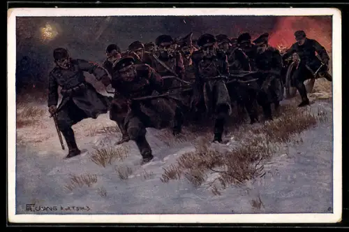AK Rotes Kreuz Nr. 551, Infanteristen treiben gefangene russische Soldaten samt Maschinengewehr vor sich her - Kriegsfür