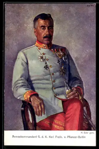 Künstler-AK Armeekommandant G. d. K. Karl Freih. von Pflanzer-Baltin, Rotes Kreuz