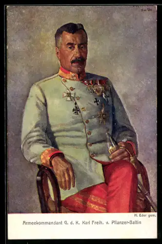 Künstler-AK Armeekommandant G. d. K. Karl Freih. von Pflanzer-Baltin, Rotes Kreuz