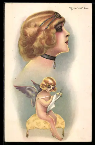 AK Portrait blonder Engel beim Schreiben eines Briefes, Art Deco