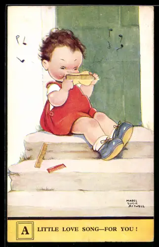Künstler-AK M.L. Attwell: Little Love song for you!, Knabe musiziert auf einem selbstgebasteltem Kamm-Instrument