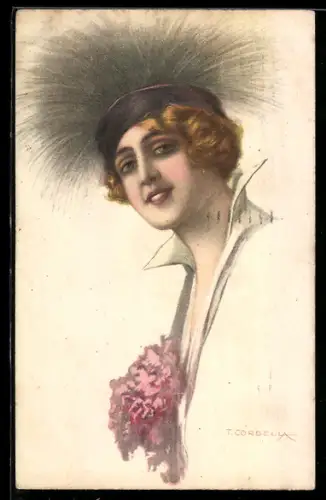 Künstler-AK Tito Corbella: Blonde Frau mit Federhut und Blumenschmuck