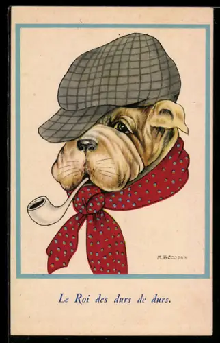 Künstler-AK Pfeife rauchende Bulldogge mit Mütze und Schal