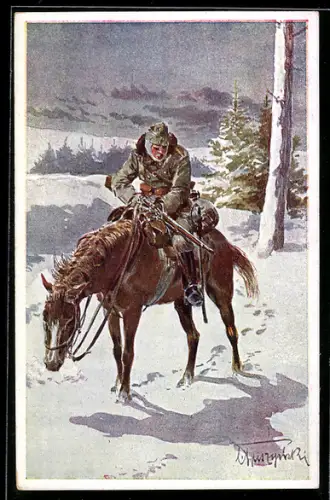 AK erschöpfter Kavallerist mit seinem Pferd im Schnee, Rotes Kreuz