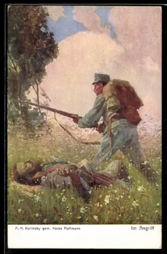 Künstler-AK Nr. 333: Im Angriff, Verwundeter Soldat und Soldat mit Gewehr, Rotes Kreuz