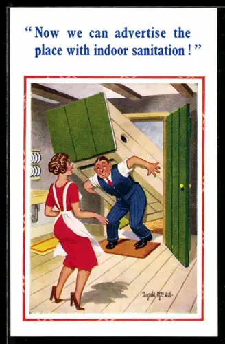 Künstler-AK Donald McGill: Now we can advertise the place with indoor sanitation, Ehemann trägt Plumpsklo in die Stube