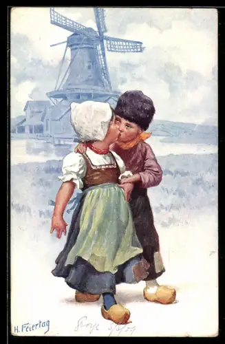 Künstler-AK Karl Feiertag: Holländische Kinder küssen sich an der Mühle