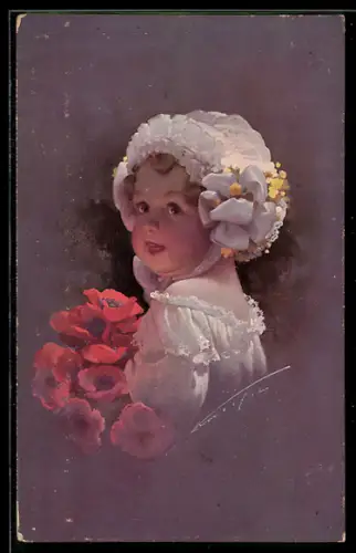 Künstler-AK Ludwig Knoefel: kleines Mädchen mit Kappe und roten Blumen