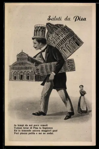 Künstler-AK Pisa, Mann trägt Gebäude und den Schiefen Turm
