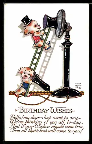 Künstler-AK Nora Annie Birch: Birthday Wishes, Kleine Hunde am Telefon