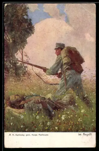 Künstler-AK Nr. 333: Verwundeter und angreifender Soldat mit Gewehr, Rotes Kreuz