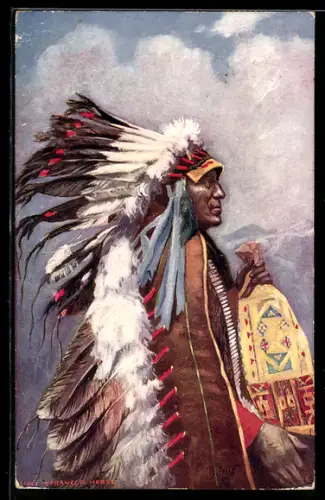 AK Indian Chiefs, Stranger Horser, Häuptling mit Federschmuck