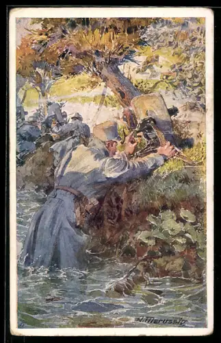 Künstler-AK A. Marussig: Oberleutnant Rimbas stand mit Maschinengewehr bis über die Knie im Wasser, Rotes Kreuz