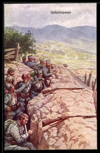 Künstler-AK Rotes Kreuz Nr. 190: Soldaten im Schützengraben während einer Gefechtspause