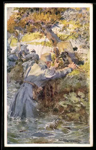 Künstler-AK A. Marussig: Oberleutnant Rimbas stand mit Maschinengewehr bis über die Knie im Wasser, Rotes Kreuz