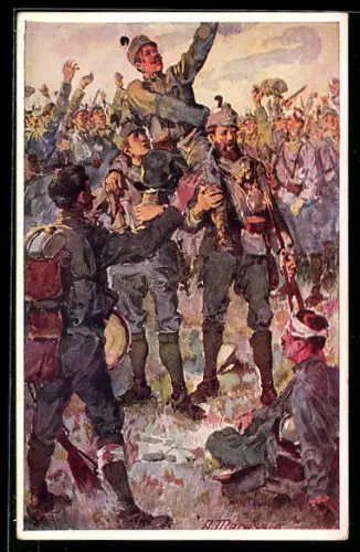 Künstler-AK Anton Marussig: Rotes Kreuz Nr. 207, Tiroler feiern ihren Führer nach Eroberung der Magierahöhe