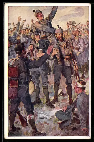 Künstler-AK Anton Marussig: Rotes Kreuz Nr. 207, Tiroler feiern ihren Führer nach Eroberung der Magierahöhe