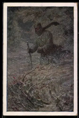 AK Rotes Kreuz Nr. 436: Kanonier Grema im Gebirge, um eine vergrabenes Kanonenschlussstück zurückzu bringen