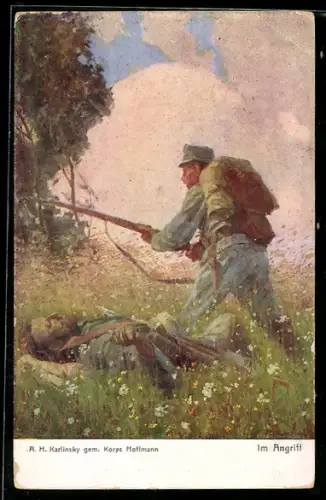 Künstler-AK Nr. 333: Im Angriff, Verwundeter Soldat und Soldat mit Gewehr, Rotes Kreuz