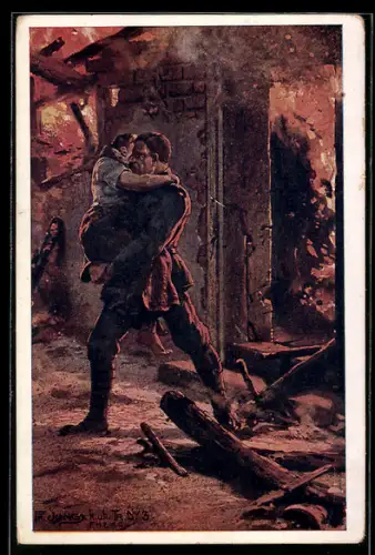 Künstler-AK Fr. Jung: Rotes Kreuz Nr. 553, Infanterist Georg Caspar des 5. Infanterie-Regiments rettet eine Dame