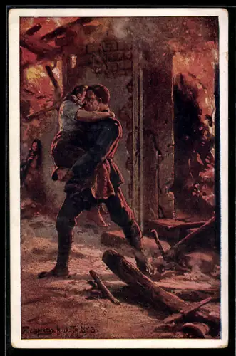 Künstler-AK Rotes Kreuz Nr. 553: Infanterist des 5. Regiments rettet Frauen aus einem brennenden Haus